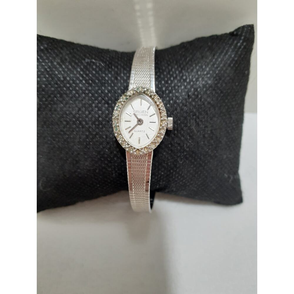 Vintage Gruen Precision Ladies Wristwatch Diamond Accents Silver Tone